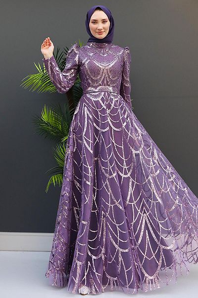 GİZ AGİYİM Dark Lilac Bunch Hijab Evening Dress