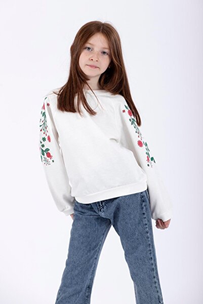 zepkids Κοριτσίστικο φούτερ με μακρυμάνικο λουλούδι με λαιμόκοψη εκρού