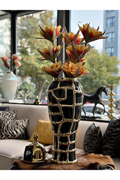 OBJE SİYAH GOLD ÇATLAK DESENLİ SERAMİK VAZO