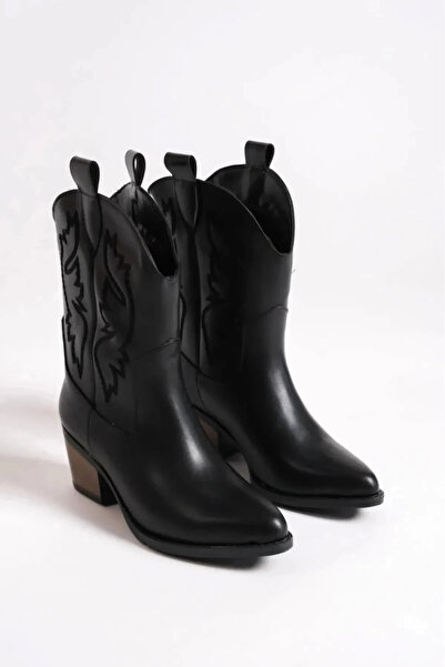 mermaid shoes Kadın Siyah Yandan Desenli Western Kovboy Çizme