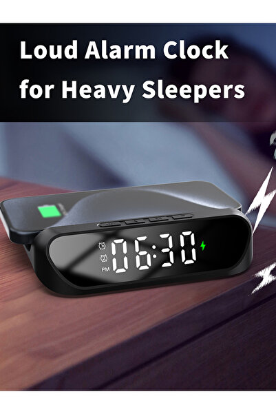 Choice شاحن متعدد الوظائف أسود اللون، ساعة مكتبية، شاحن لاسلكي للهواتف المحمولة، شاشة عرض رقمية 2 في 1