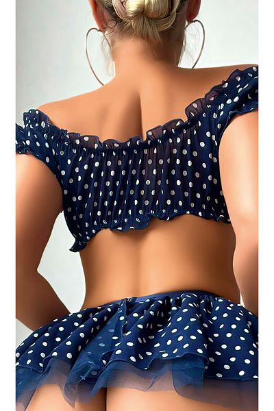 Cooqpoo Тъмносин костюм с волани, размер S/M-L/XL, бяла пола на точки, фентъзи