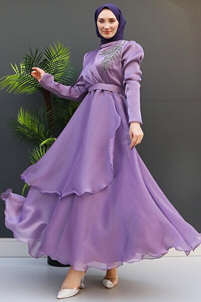 GİZ AGİYİM Rochie de seara din organza liliac deschis cu detaliu din piatra