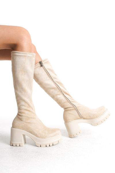 MARSEDO Γυναικείες μπότες Emilly Beige - Χοντρό τακούνι και Stretch φερμουάρ