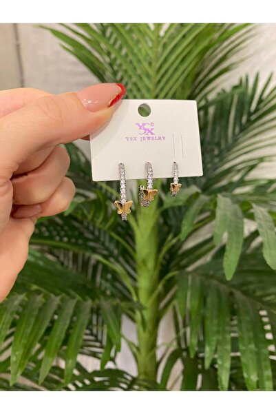 papatya aksesuar مجموعة من 3 أقراط نسائية من الفولاذ المقاوم للتشويه من الفولاذ المقاوم للصدأ بحجر الزركون على شكل فراشة