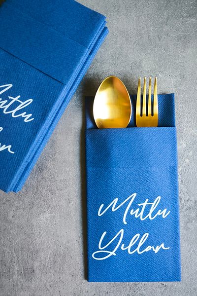 NapkinStore Happy Birthday Printed Airlaid Fabric Napkin Pocket 12 Pieces 40*40 1/8 Fold - Navy Blue