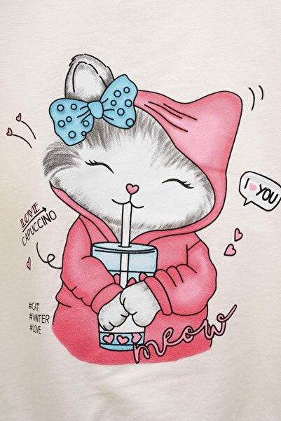 zepkids Велосипедний комір, довгі рукави, принт з котиком, екрю колір, дівчачий світшот