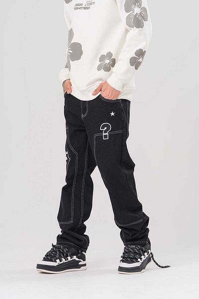 go gang own Lips Embroidery Detailed Jean Baggy Trousers