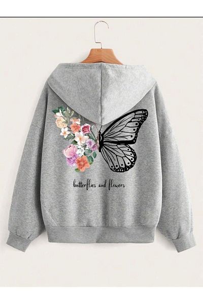 modaberry Cotton Zippered Children's Cardigan - Gray Butterflies and Flowers Printed, Hooded Winter for Girls and Boys