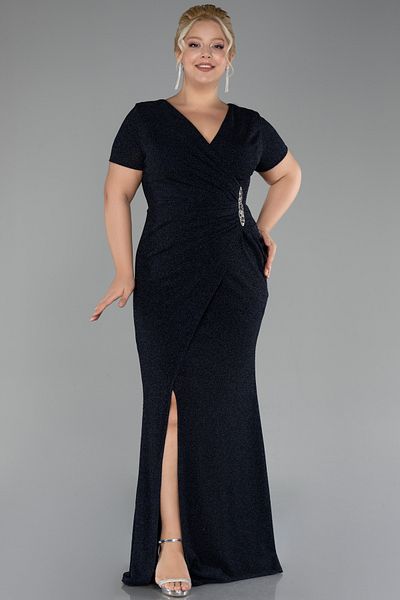 Efelif Navy Blue Short Sleeve Glitter Long Plus Size Evening Dress Abu39892