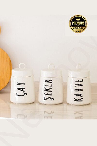 NEWNOW Loza 3 lü Kulplu  Kavanoz, Baharatlık Çay Şeker Kahve 680 ml