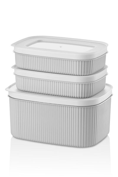 Rapt 3 Pieces Plastic Lid Storage Container with Line Detail Modern Design 2 X 600 ml 1 X 1900 ml