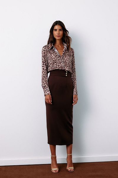 Sateen Button Detailed Midi Skirt - Brown