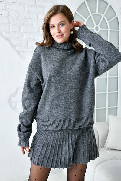 WOMAN VISION Gray knitwear Oversize Set - Turtleneck Sweater and Mini Skirt 9903