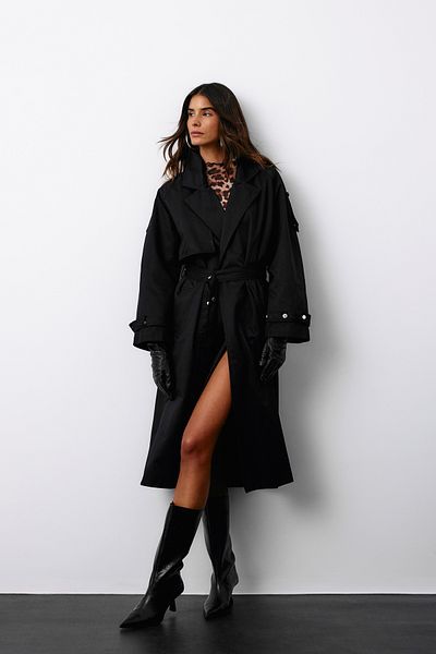 Sateen Trenci negru cu curea lungă