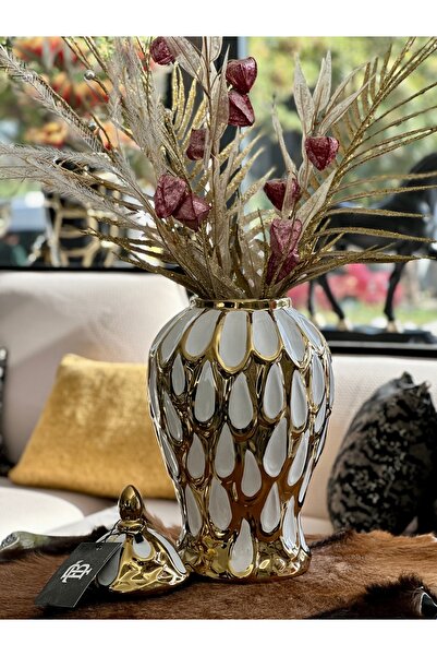 OBJE TAVUSKUŞU DESENLİ GOLD BEYAZ SERAMİK VAZO