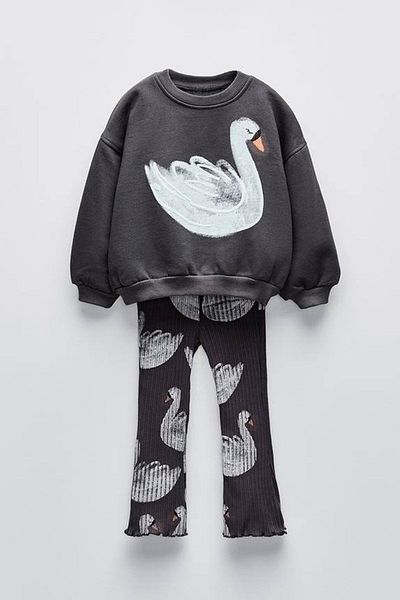 Lolliboomkids New Season Girl's Swan Printed Cotton Sweatshirt and Leggings Set - Black Swan
