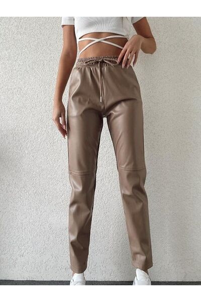 LOS FECHKA Mink Color Leather Pants with Tie Waist