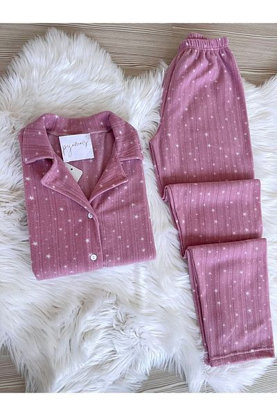 Pijamacs Pink Mini Star Patterned Front Buttoned Fleece Pajama Set