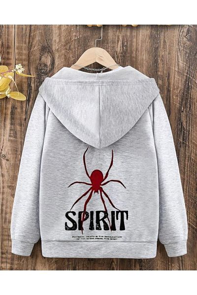 modaberry Cotton Zippered Cardigan - Gray Spider Pattern, Hooded Winter Jacket for Girls and Boys