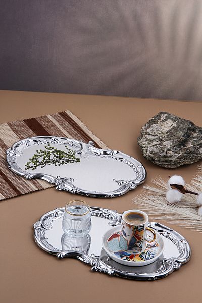 AHİR TİCARET Silver Artnova Embroidered Patterned Coffee and Presentation Tray 2 Pieces