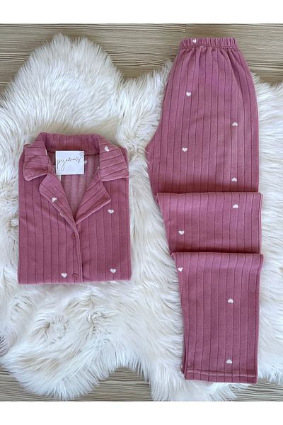 Pijamacs Dark Pink Heart Patterned Front Buttoned Fleece Pajama Set