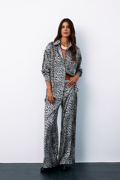 Sateen High Waist Satin Leopard Trousers - Ecru
