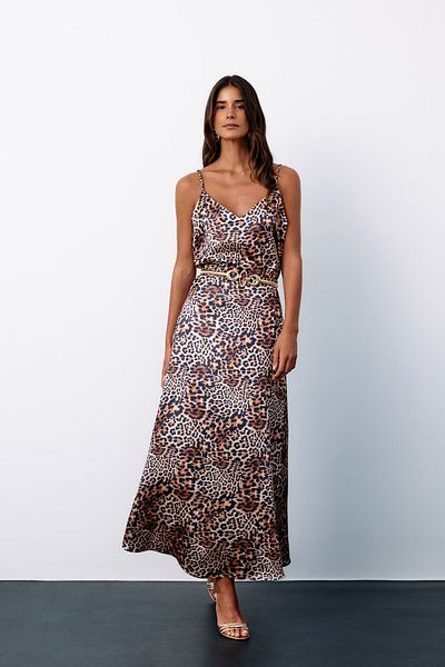 Sateen Leopard Patterned Satin Skirt - Brown
