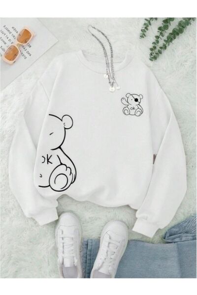 Hunors Sportswear & Company Women's Bear Printed Oversize Sweatshirt