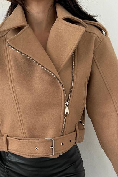 Neşeli Butik Camel Stamped Biker Coat - Women, Zipper Detail, Nbmylk23