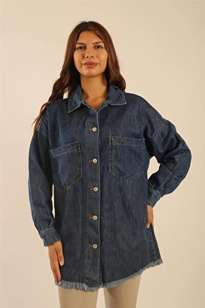 İNSUEL Püsküllü Oversize Cepli Yıkamalı Kadın Denim Kot Gömlek- 30-02 - Mavi