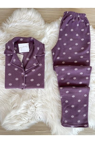 Pijamacs Purple Snowflake Patterned Front Buttoned Fleece Pajama Set