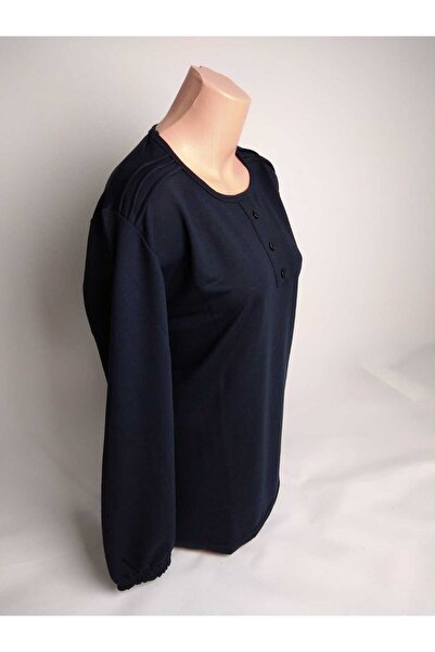 YAŞAR TRİKO Жіноча темно-синя блуза з велосипедним коміром, трьома ґудзиками, довгими рукавами, еластичною тарілкою та двома нитками