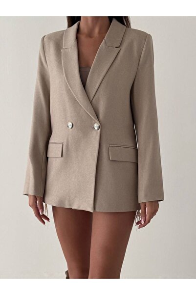 CYU Premium Kalite Taş Rengi Çift Düğmeli Yün Efekt Kadın Rahat Kalıp Astarlı...