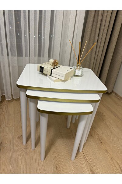 Home Başaran Concept 3’lü Mdf Kaliteli Beyaz Gold Kenarlı Zigon Sehpa