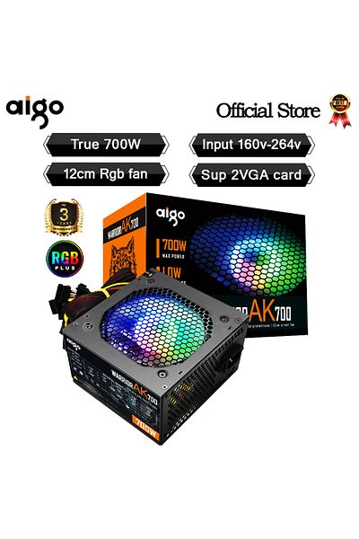 Aigo AK 700W PC PSU Power Supply unit Black Gaming Quiet 120mm rgb Fan 24pin 12V ATX Desktop comp...