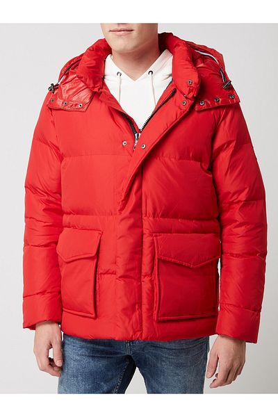 Tommy Hilfiger Men's Red Hooded Coat - Feather Daunenjacke, Tie Rod Regular Fit Mw0Mw11482