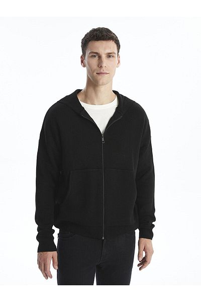 LC Waikiki Lcw Casual Black Hooded Long Sleeve Men's Knitwear Cardigan