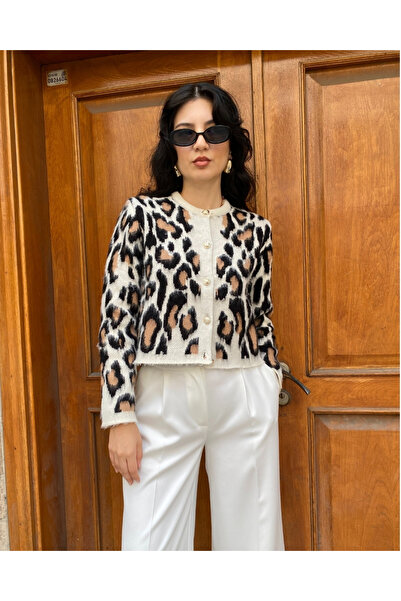 deqfashion سترة نسائية محبوكة بأزرار منقوشة بنقشة الفهد