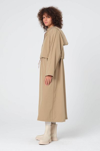Monolou Stretch Fabric Hooded Zippered Drawstring Waist Pocket Long Trench Coat Beige