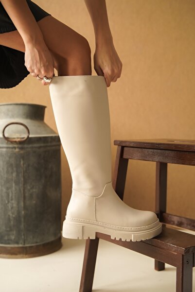 DURUNUN BUTİĞİ Cizme de damă de zi cu zi din piele bej Dulanca