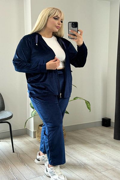 xlargebutik Large Size Clothing Navy Velvet Hooded Suit Lycra Sports Comfortable Suit