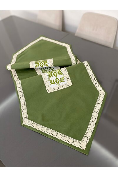 Parla Life Fıstık Yeşili Kanaviçe İşleme Fransız Güpürlü Keten Runner