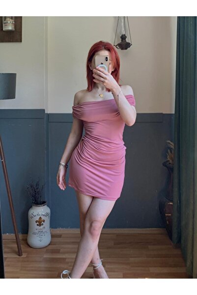 MODA Pudra Madonna Yaka Mini Elbise