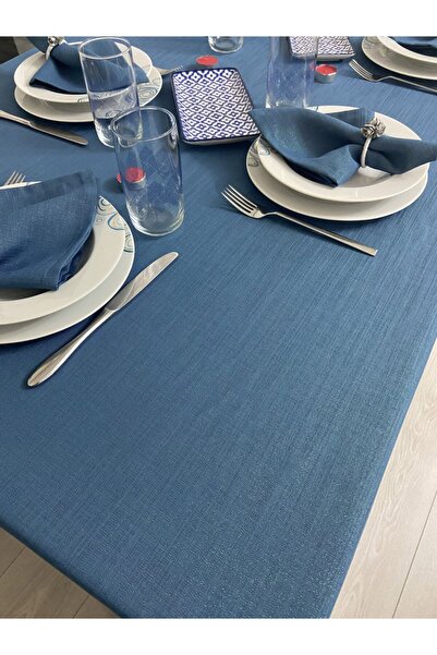 Zeren Home Simli Dertsiz Oval Masa Örtüsü Indigo Mavi