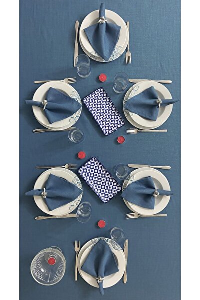 Zeren Home Simli Dertsiz Oval Masa Örtüsü Indigo Mavi