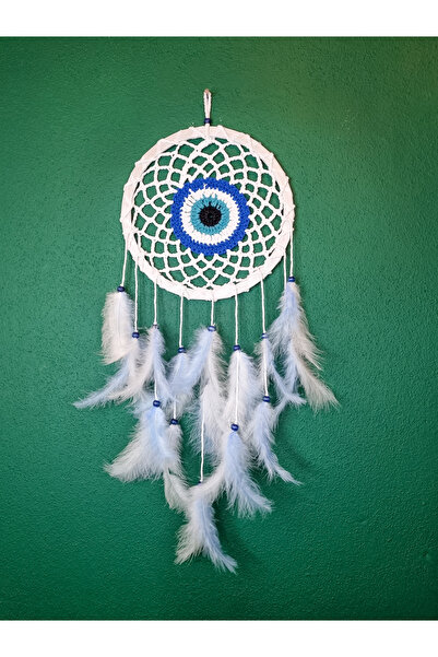 Tuana Trend Çember Üzeri Işleme Nazar Boncuğu Dekorlu Tavus Kuşu Tüylü Makrom...