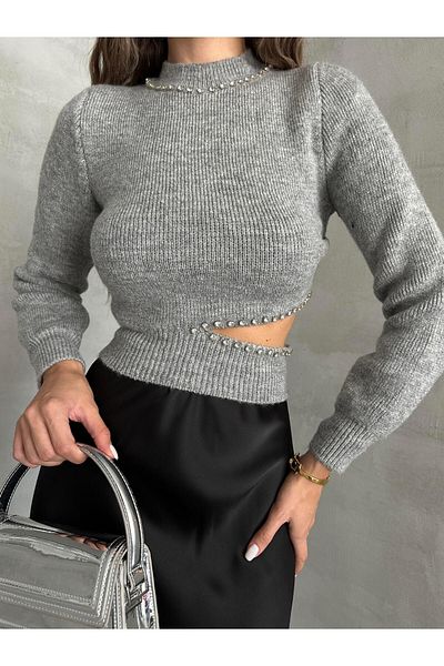 SEDA FİDAN Pulover gri - Detaliu de piatră și cu fantă în talie