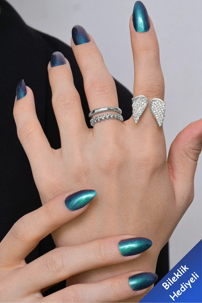 The Collection 3'lü Gümüş Yüzük Zirkon Taşlı Melek Kanadı Sezar ve Alyans Mod...