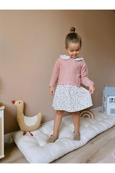 Lolliboomkids New Season Girls' Flower Λεπτομερής Βρεφικός Γιακάς Πλεκτά Μπλούζες Απλικέ Ολόσωμο Φόρεμα